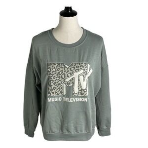 MTV Music Television Graphic Sweatshirt Olive Green Leopard Print Logo Medium